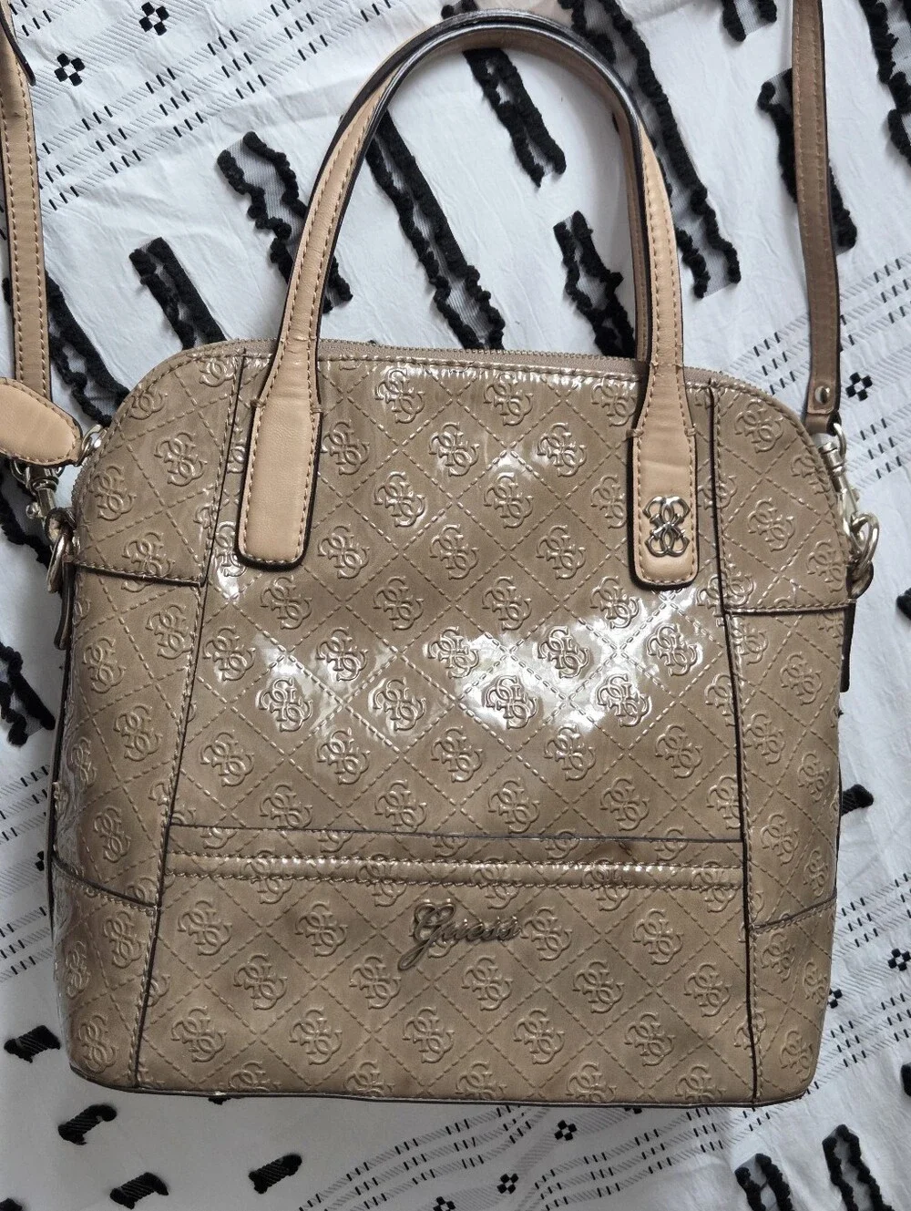 GUESS Reiko Small Dome Satchel Crossbody Bag - Taupe / Tan Monogram